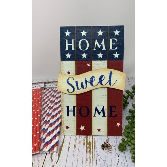 Patriotic Home Sweet Home Sign 8 Inch 54 Paper Straws Stars Stripes Red White - Picture 2 of 6